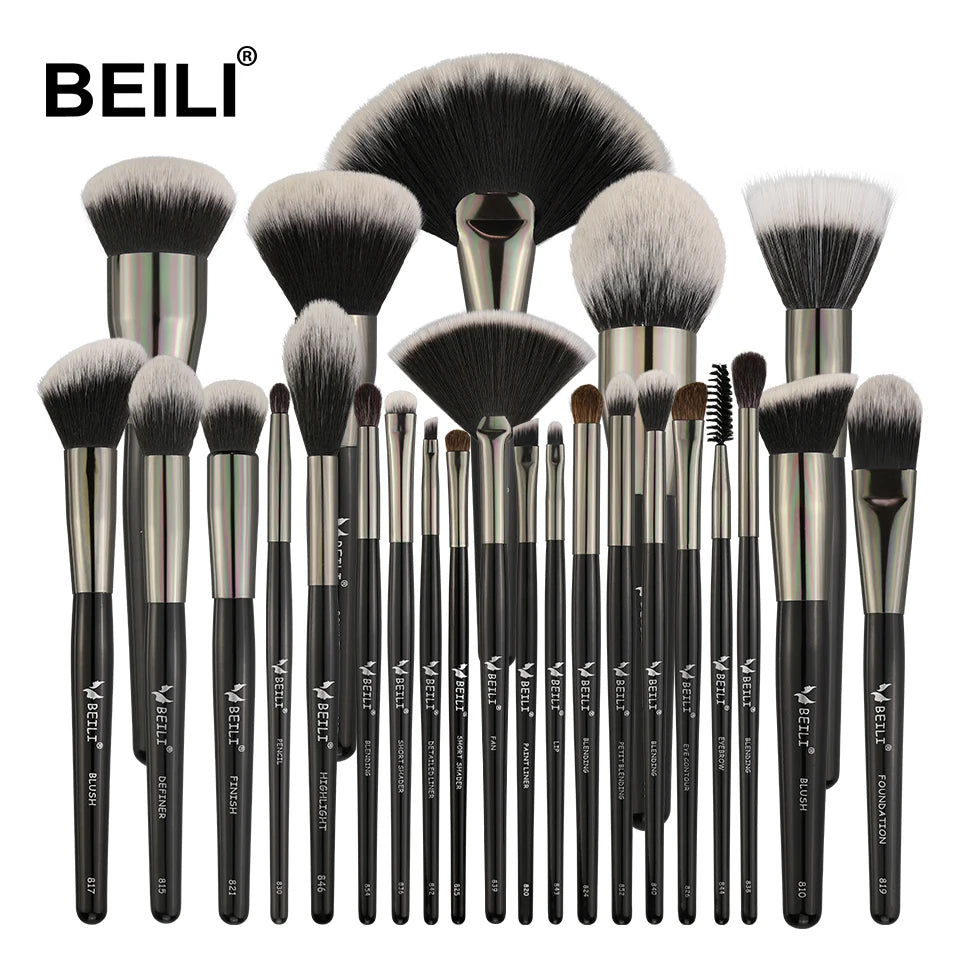 BEILI Professional Luxury Black Handle Goat Hair Wooden Handle Durable Soft 25-Piece Individual Makeup Brushes Private Label