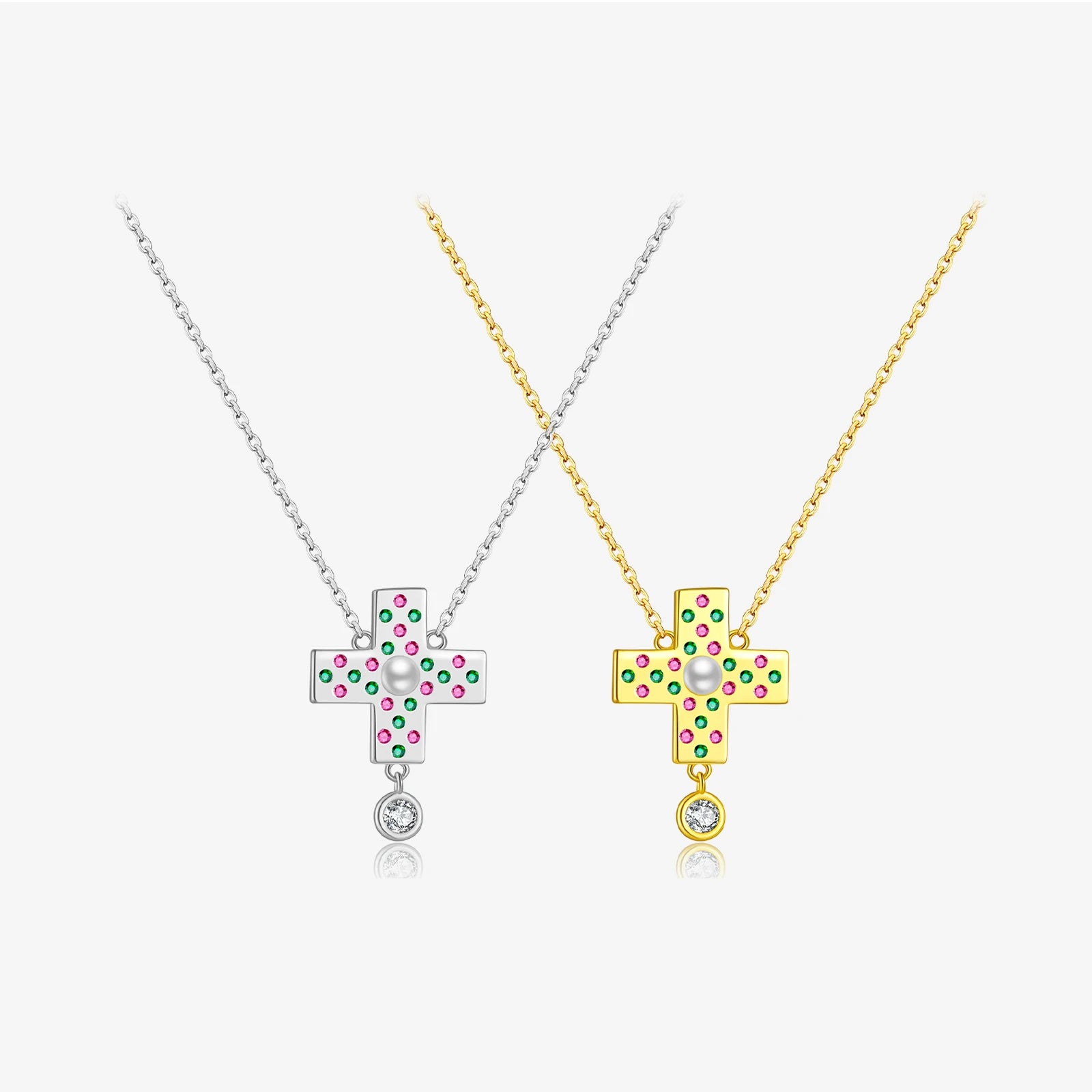 FUAMAY Colorful Cross Charm Necklace 18K Gold Plated 925 Silver Plus Pendant Necklace With Pearl Collar Colgante