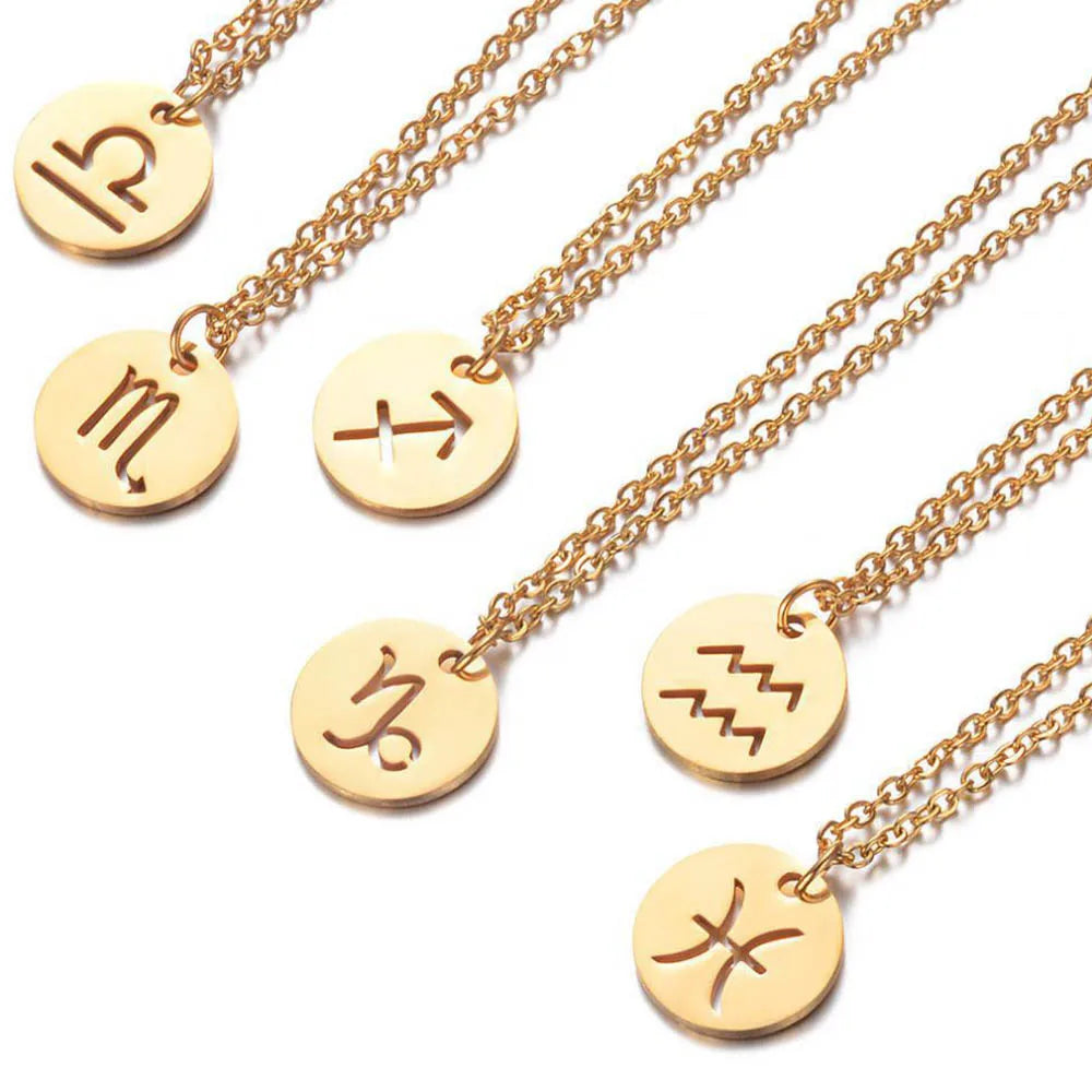 Charm Gold Plated Zodiac Jewelry Signs Cut Out Stainless Steel Disc Coin Necklace Link Chain for Women Romantic Anniversary Gift