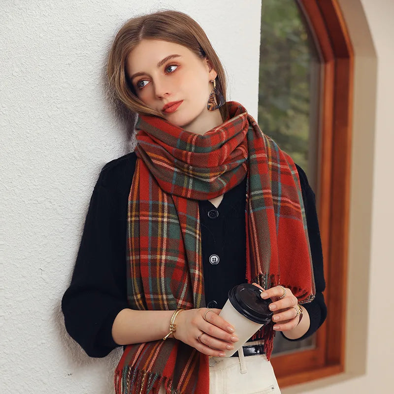 Cashmere Plaid Pashmina Scarf Christmas Women Knitting Warm Thick Scarves Tassel Shawl for Winter Outdoor Party Decorate