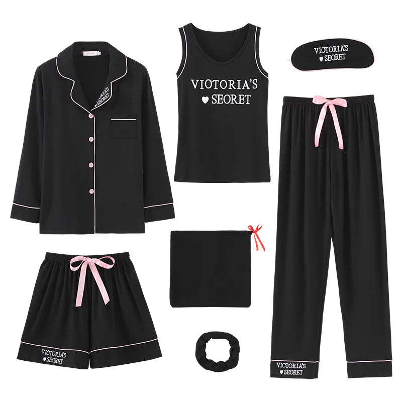 Pijama Turndown Collar Secret Pajamas Women Comfortable Lounge Wear 7 Pcs Set