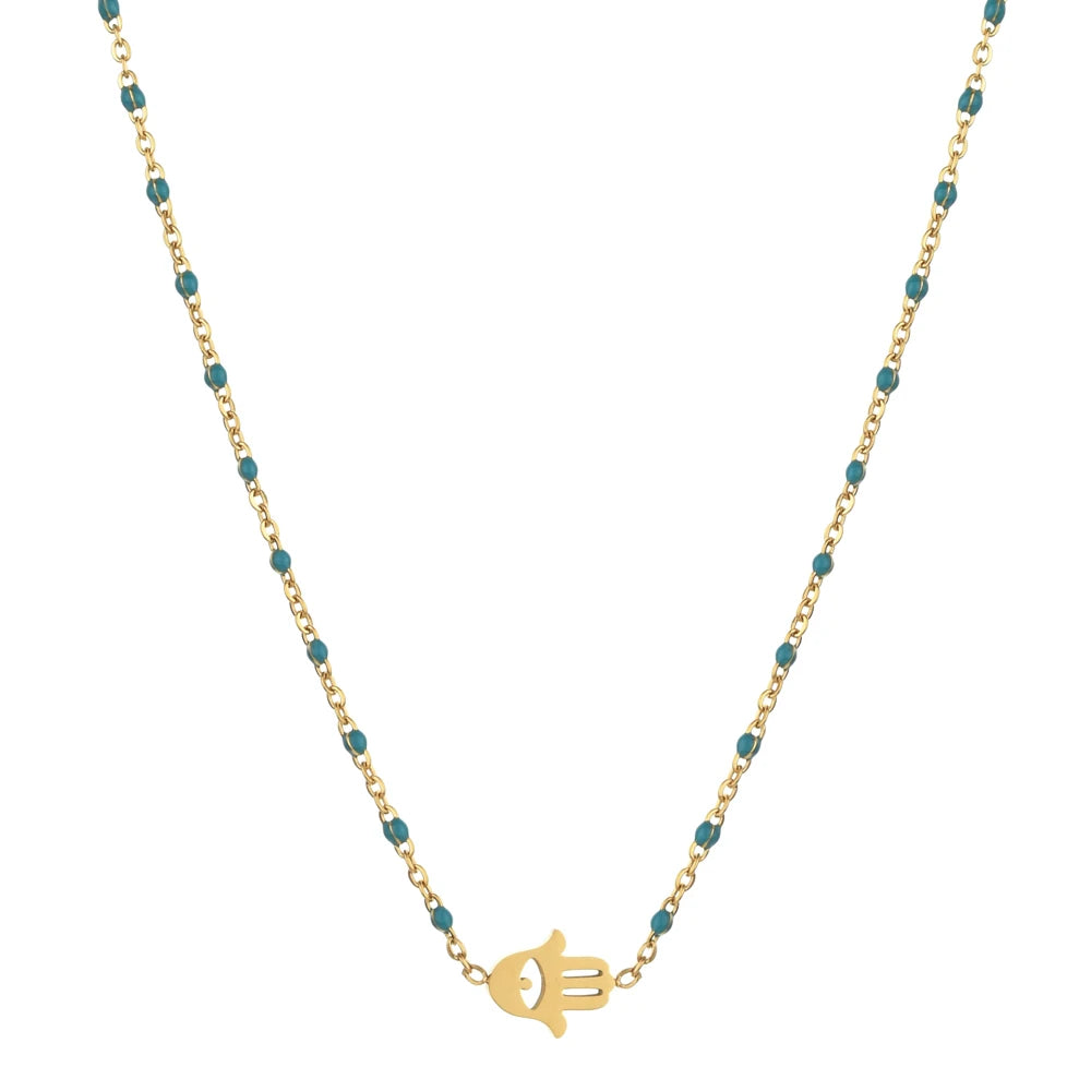 Stainless Steel Delicas Seed Beads Hamsa Hand Pendant Necklaces for Women Turkish Evil Eye Jewelry Bohemian Wedding Party Choker