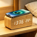 EMAF Kid Table Led Display Desk Top Bamboo Digital Light Wireless Charger Recharger Wooden Smart Alarm Clock with Temperature