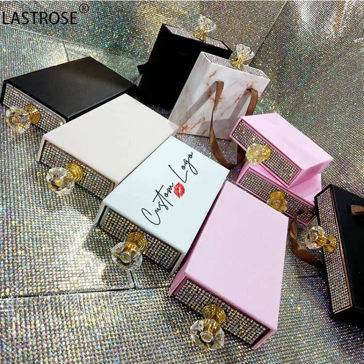 OEM Eyelash Packaging Box Bulk Luxury Drawer Pull Out Lashbox Private Label Full Strip Lashes Package with Diamond Handle