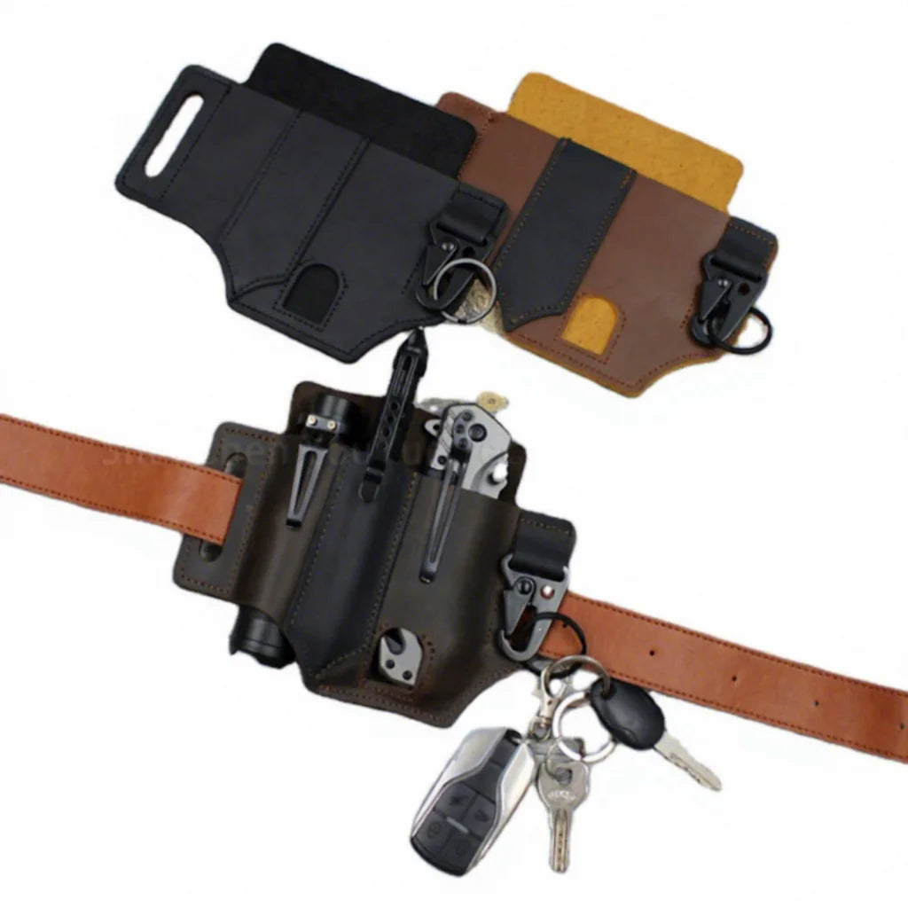 Vintage Genuine Leather Garden Knife Waist Bag Flashlight Knife Sheath Pocket Hunting Tools Belt Bag with Chick Buckle