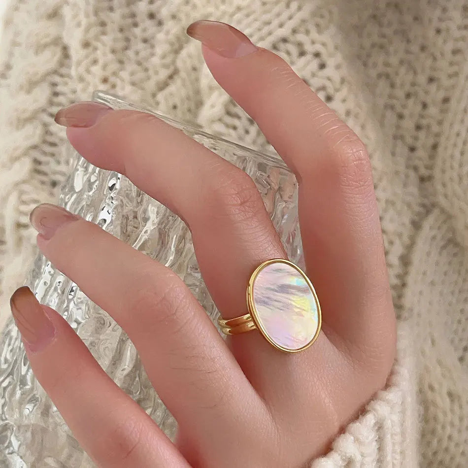 The Pearl Essence Ring Bold Oval Mother of Pearl on Minimalist 925 Sterling Silver Band Elegant Statement Piece