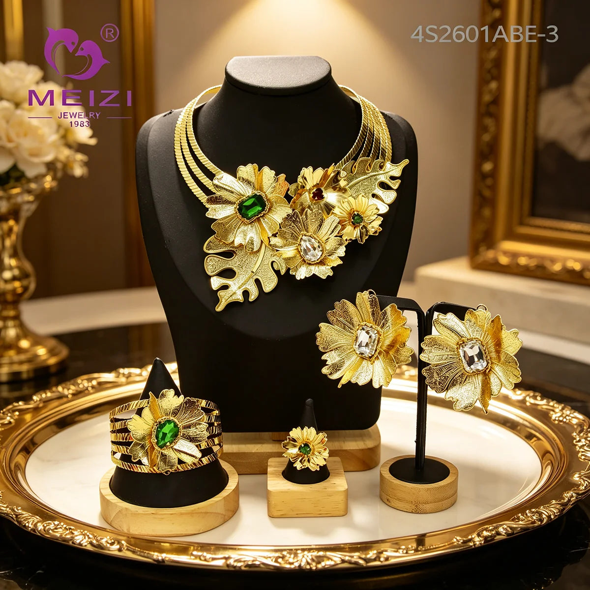 Luxury 18K Gold Plated Sunflower Jewelry Set African Nigerian Bridal Spiral Flower Necklace Earrings Ring Bracelet 4PCS