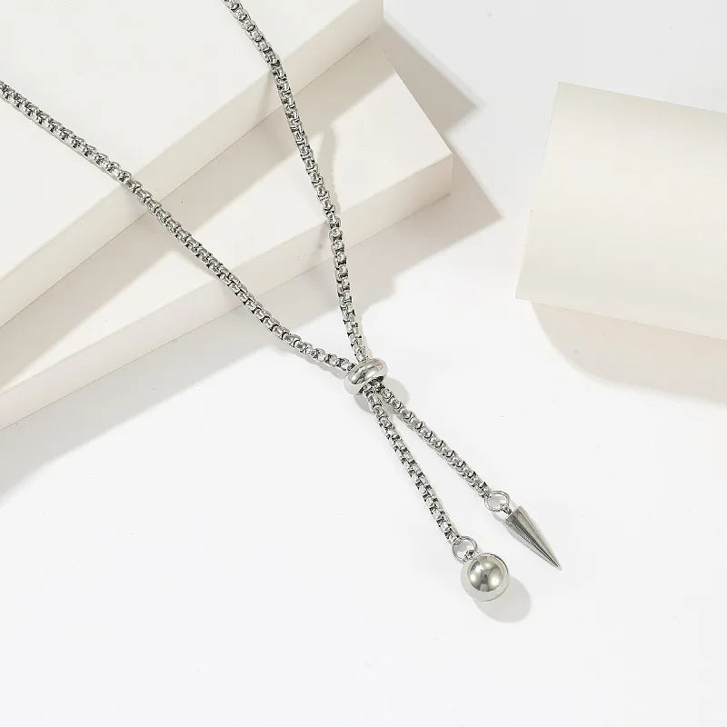 Simple Pull Out Square Pearl Sweater Chain Necklace for Women Adjustable Titanium Ball Awl Fringe Necklace