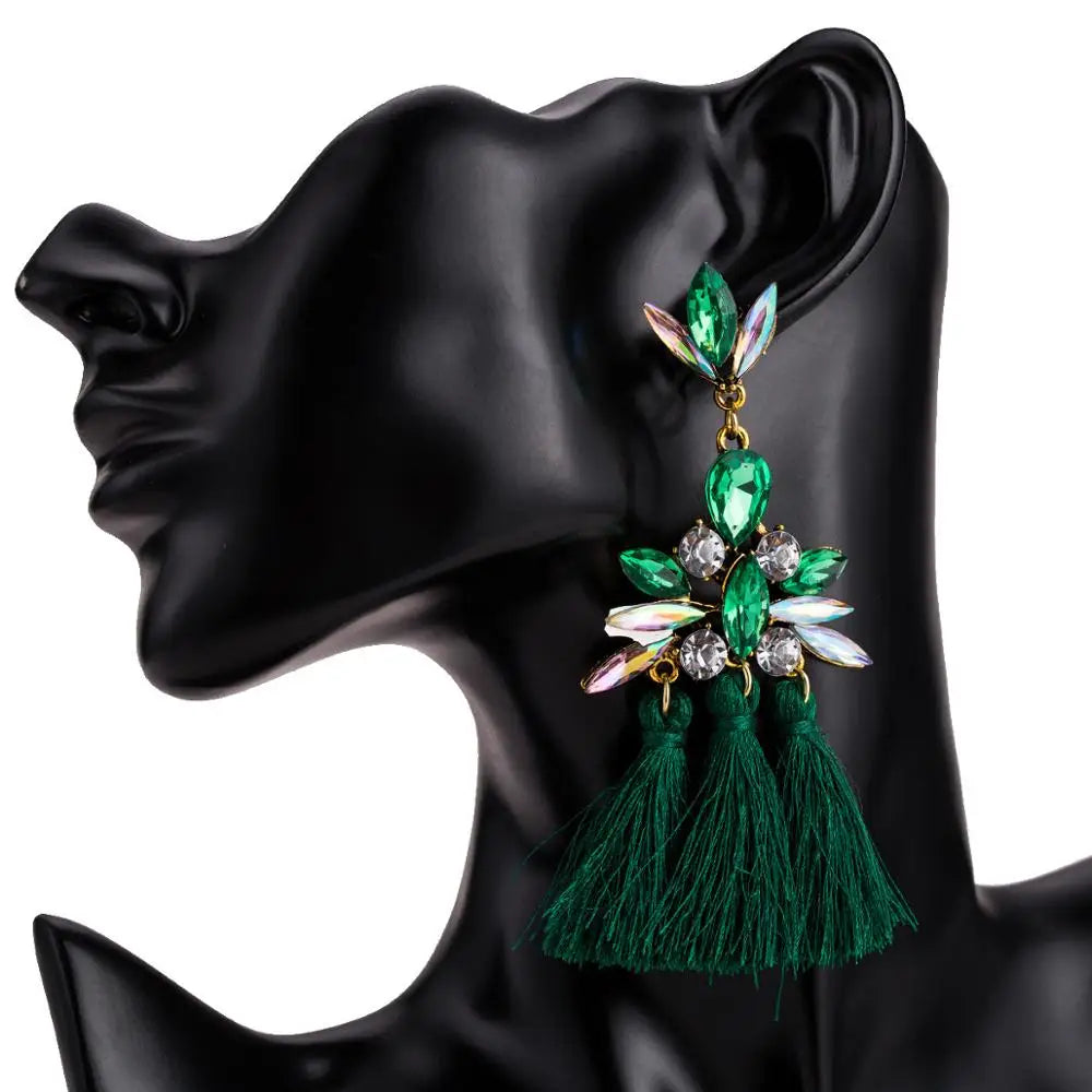 HOVANCI Crystal Bohemian Long Silk Thread Tassel  Earrings Fan Long Tassel Earrings