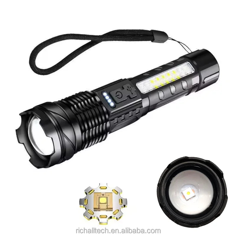 Powerful 80 Lumen White LED Tactical Flashlight IP54 Waterproof Handheld Long Range 200-300M Adjustable Beam Rechargeable