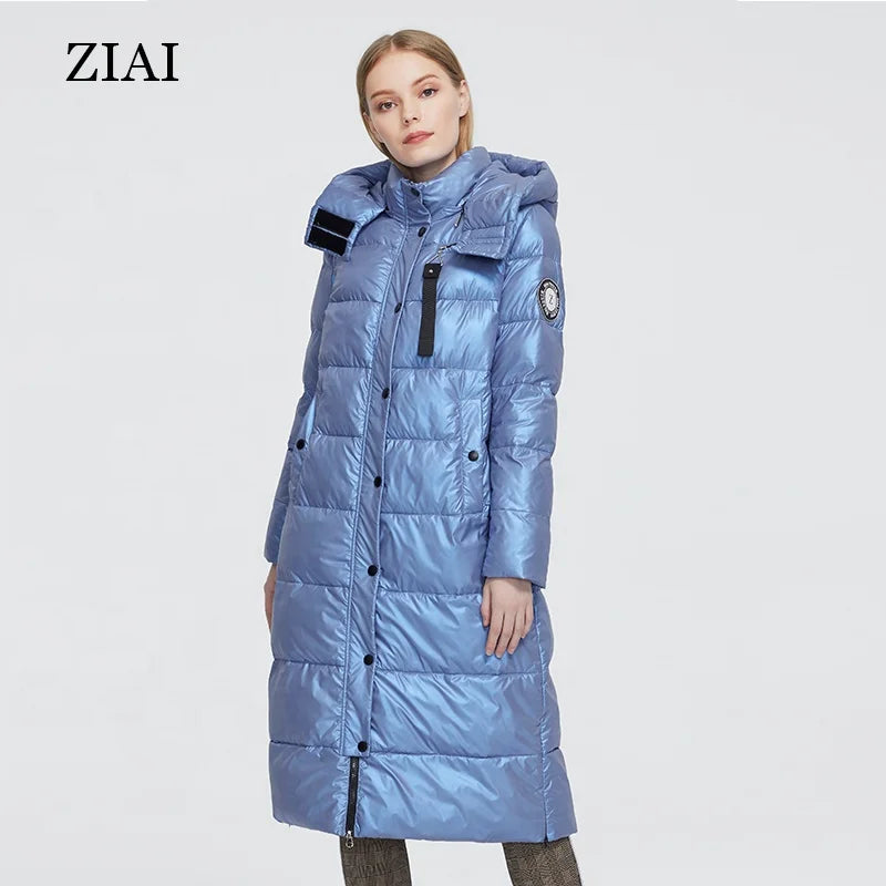 Women's Stand-up Collar Detachable Hood Custom Long Winter Padding Jacket With Luster