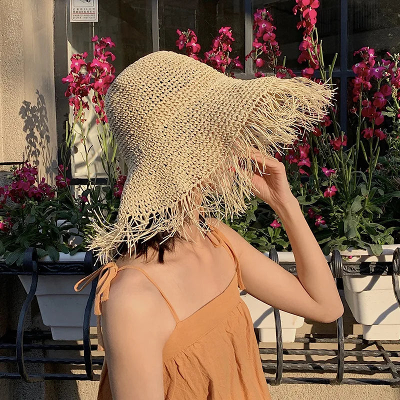 New Fashion Trendy Frayed Brim Design Foldable Packable Bucket Cap Summer Women Lady Beach Sun UV Protection Paper Straw Hat