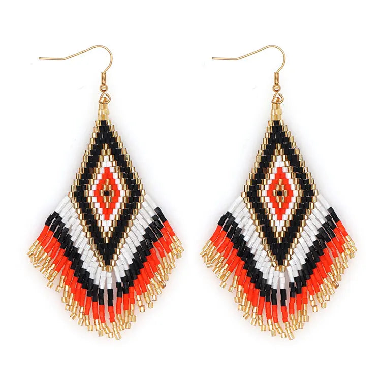 SC Colorful Boho Long Tassel Earrings Indigenous African Beads Earrings Handmade Braid Ethnic American Beaded Earrings for Women