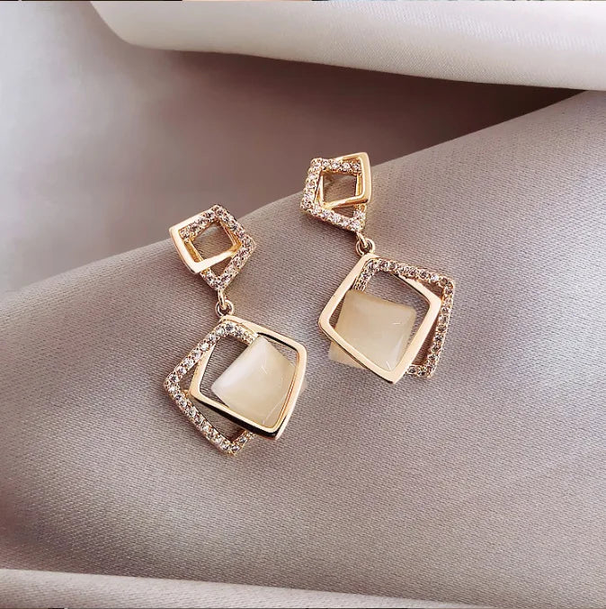 S925 Silver Needle Concise Temperament Geometric Diamond Earrings Square Opal Diamond Earrings