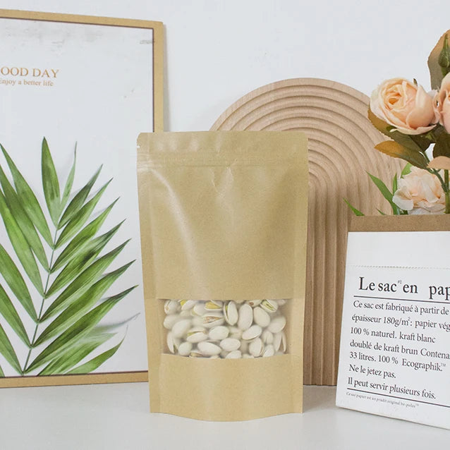 Wholesale Brown Kraft Paper Bags Self-Sealing Zip Lock Design Food Grade Stand-Up Packaging for Sugar Ziplock Bags