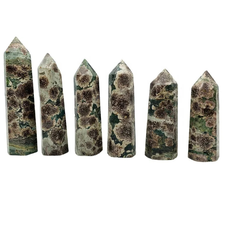 Natural Crystal Stone Flower Agate Point Green Cherry Blossom Tower for Decoration