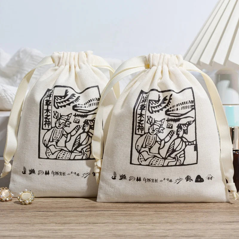 Custom Logo Large Organic Natural Screen Printing Accessory Pouch Recyclable 100% Cotton Bag for Hair Extensions and Rings Use