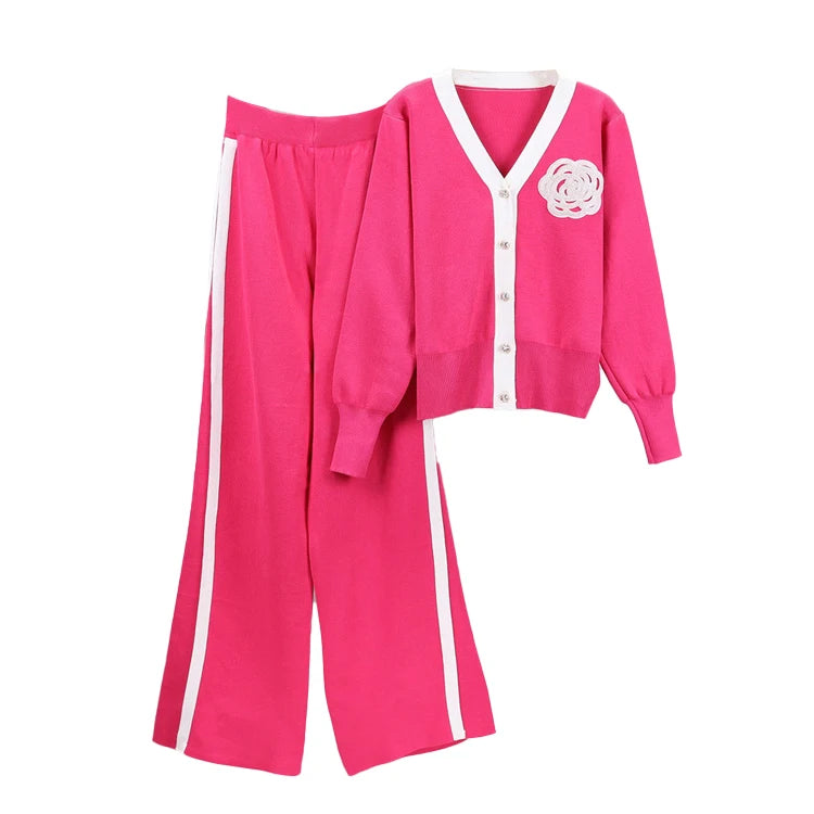 2024 New Fall and Winter Knit Solid Colors Sweater and Slim Pant Knitted Two-piece Set for Women