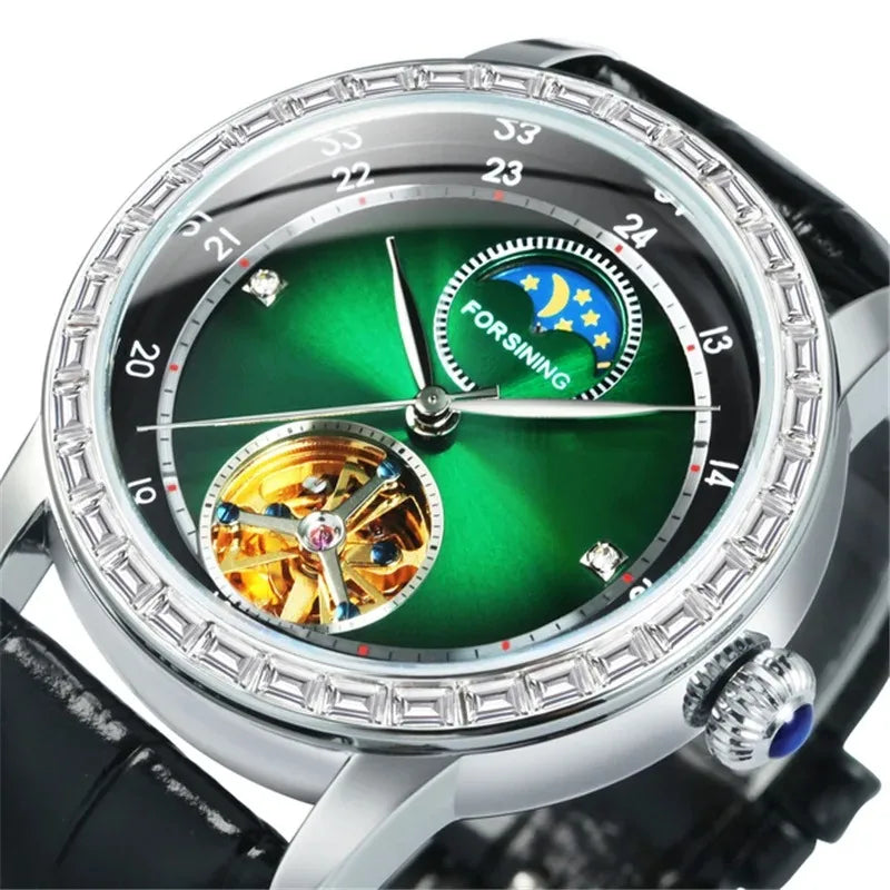 For FORSINING FSG8275M3 Men's Automatic Mechanical Moon Phase Watch Original Design Luxury Leather Sporty Flywheel for Fashion