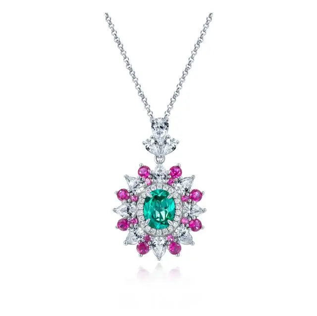 Luxury 925 Sterling Silver Clip Multi Color Cubic Zirconia Paraiba Tourmaline Gemstone Pendant Necklace