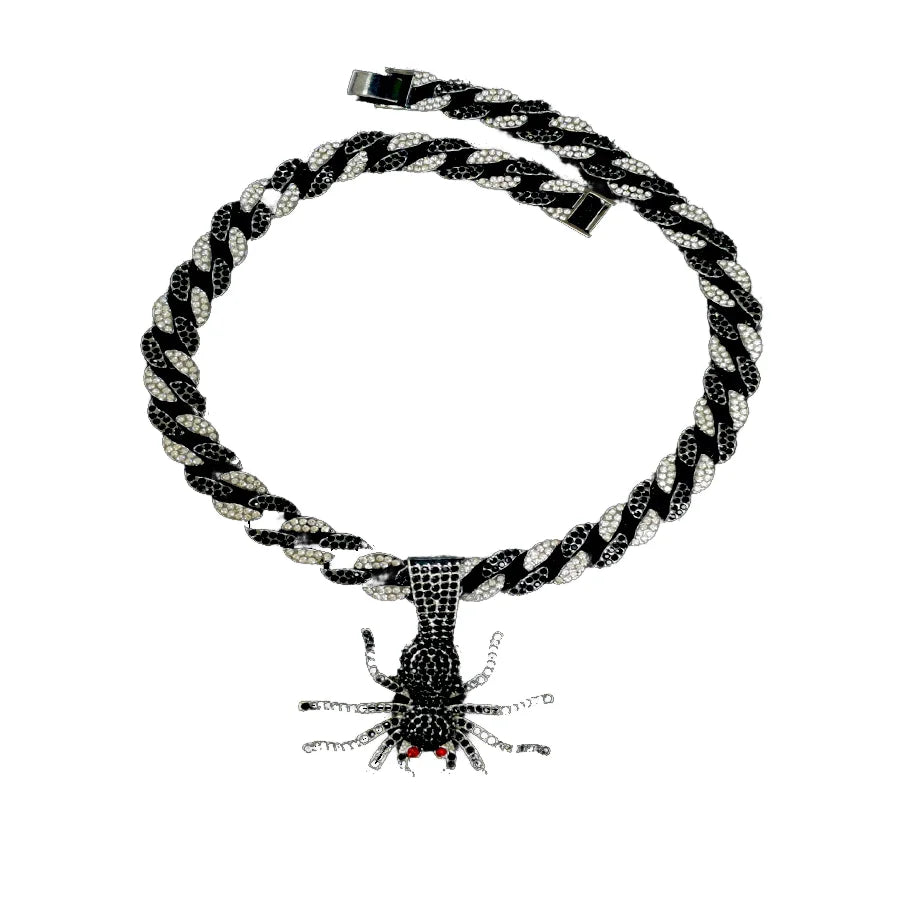 15MM Cuban Chain With Spider Pendant Chain Men's Rhinestone Black Crystal Necklace Chain Choker