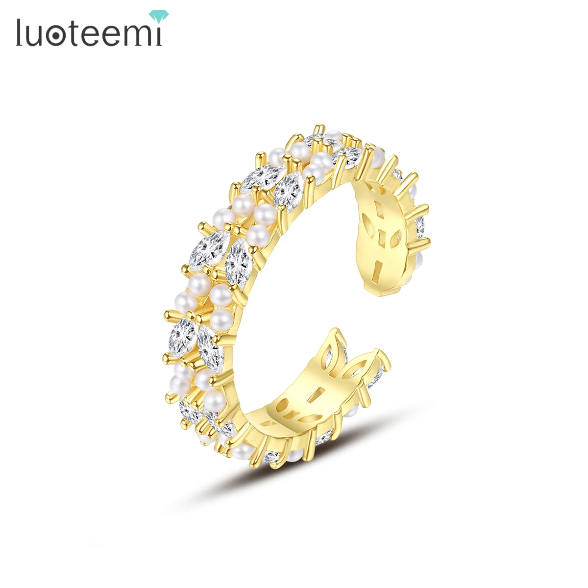 LUOTEEMI Female Wedding Fashion Woman Jewelry Luxury Zircon Copper Brass Band Adjustable Jewelry Pearl Ring