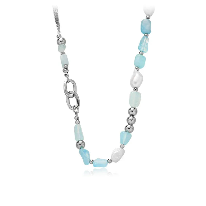 Hot Selling Healing Stones Necklace Custom Natural Blue Gemstone Necklace Stainless Steel Beaded Necklace Women