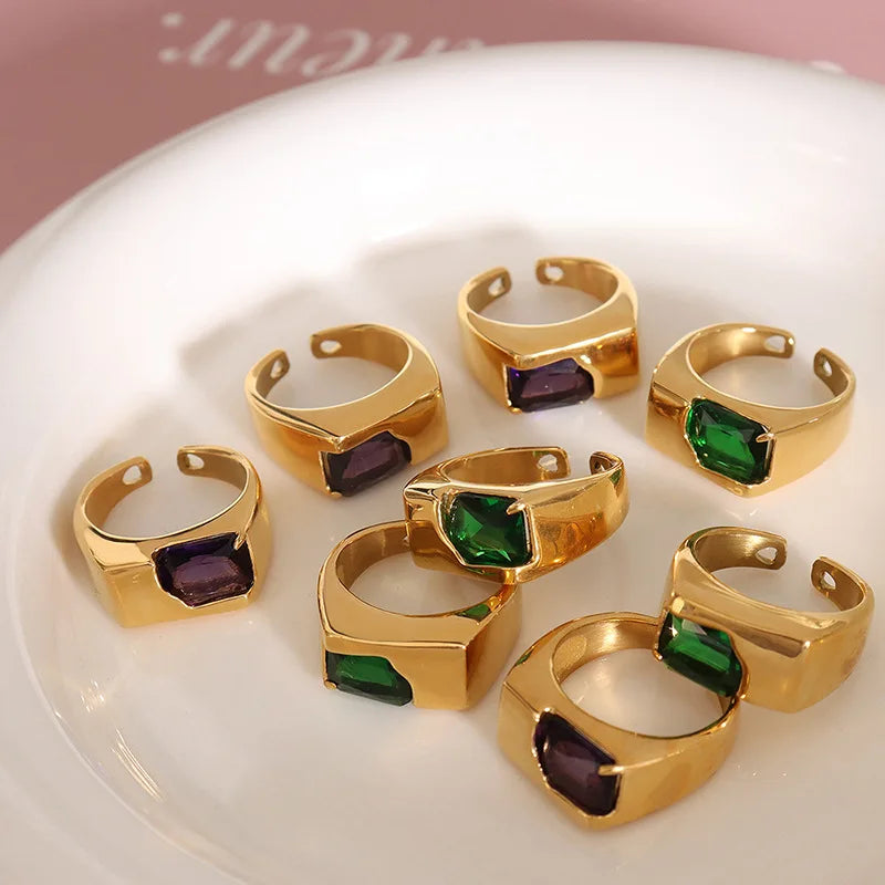 Dainty Non Tarnish Geometric Gold Plated Open Green Purple Zircon Ring