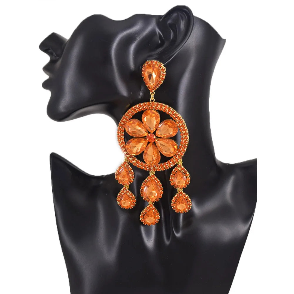 Trendy Exaggerated Geometric Super Large Bling Round Flower Rhinestone Drop Earrings Women