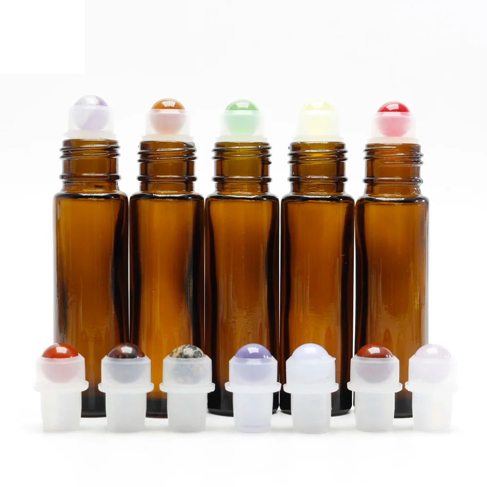 5ml/8ml/10ml/15ml Gemstone Perfume Amber Round Screen Printed Roller Glass Bottle Essential Oil Mini Refillable Roll on Bottle