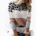Autumn and Leopard-print Pullover Color Matching One-line Collar Women's Knitted Winter Sweaters Base