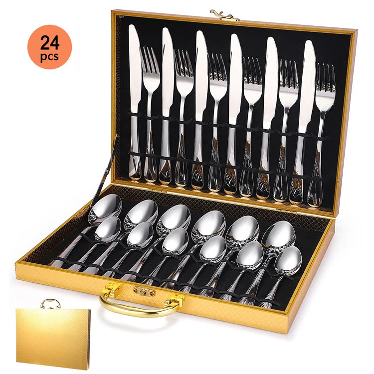 Top Luxury Mirror Polish Flatware Set Stainless Steel 24 Pieces Cutlery Set Knife Fork Spoon Silver Gold Flatware