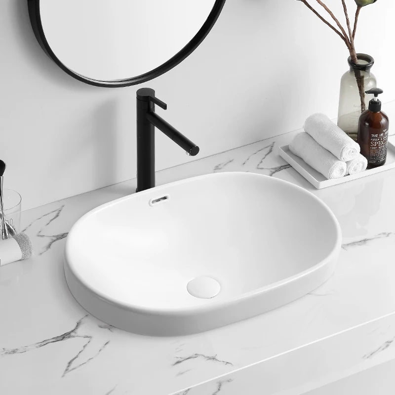 Modern Oval White Semi Recessed Ceramic Art Wash Basin Sink Easy Clean Feature Above Counter for Bathroom Cabinet