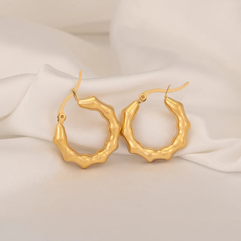 Fashion Stainless Steel Earrings Hypoallergenic 18K Gold Plated Hollow Bamboo Hoop Earrings Jewelry