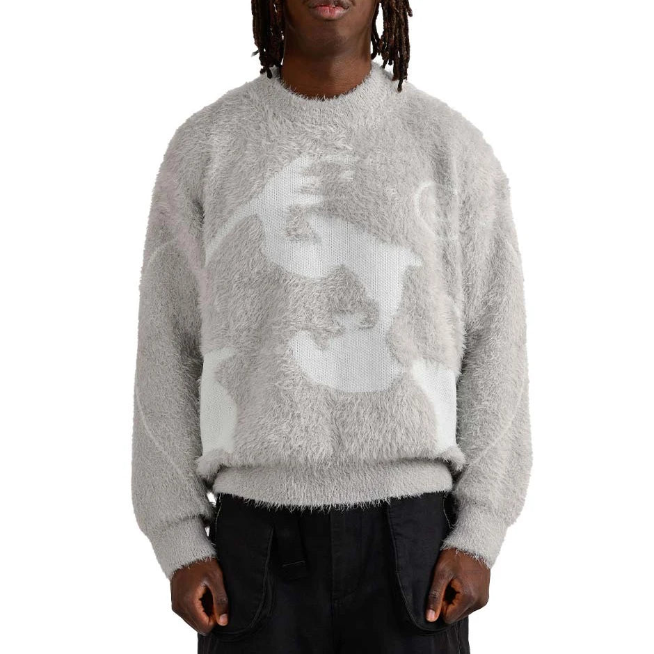 Custom Logo Long Sleeve Winter Warm Knit Pullover Top with Jacquard Pattern Men's Knitted Fuzzy Mohair Sweater