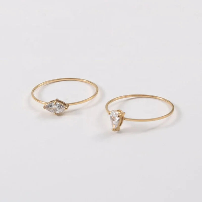 Ins Style Simple Thin Stainless Steel Water Drop Eye Shape One Stone Ring for Girls