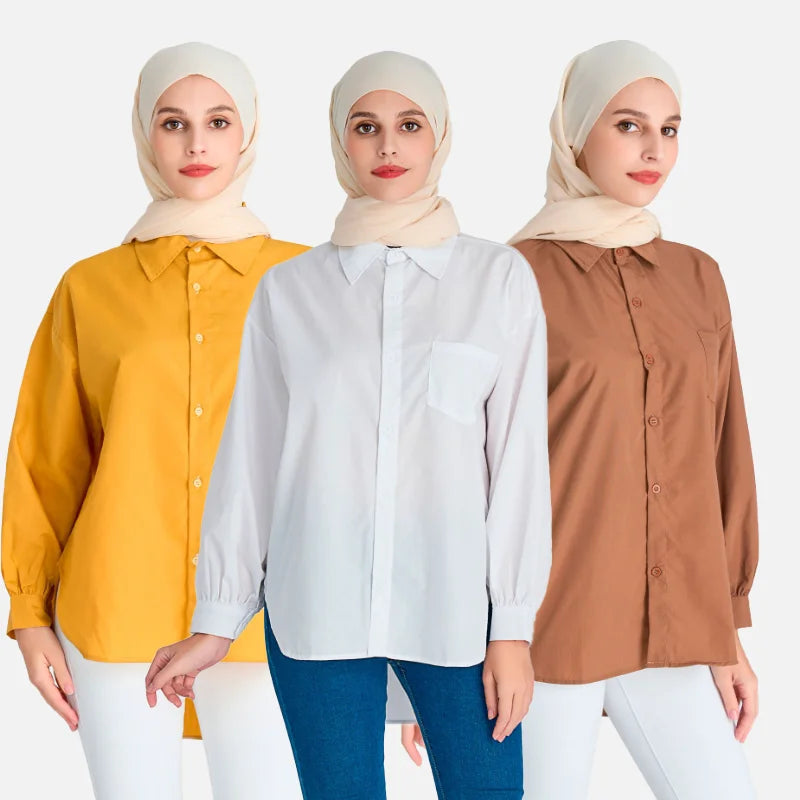 25 Colors Wholesale Dubai Muslim Women Dress Abaya Tunic Tops Long Sleeve Casual Modest Cotton Polyester Shirts Muslim Blouses