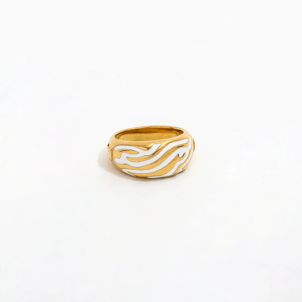 Joolim Jewelry Wholesale 18K Gold Plated Zebra Enamel Non Tarnish Stainless Steel Band Rings for Women