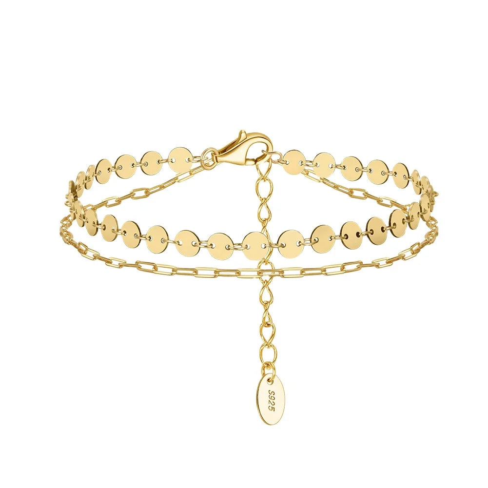 RINNTIN SB199 925 Sterling Silver Double Layer Chain Bracelet Polishing Disc Chain Paper Clip Chain Hand Jewelry