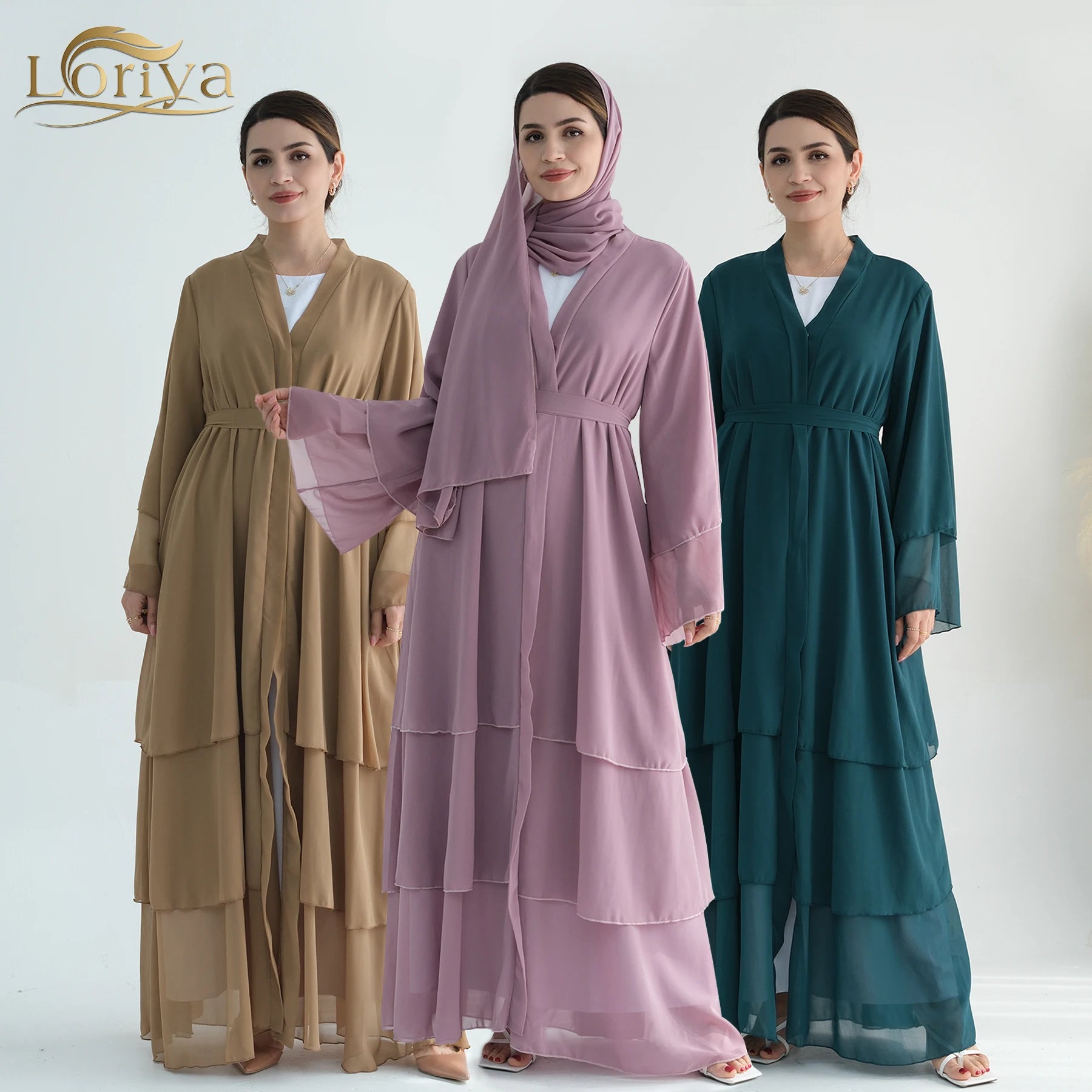 Loriya 2024 New Big Hem 3 Layers Chiffon Open Abaya Dubai Fashion Kimono Modest Abaya Women Muslim Dress Islamic Clothing