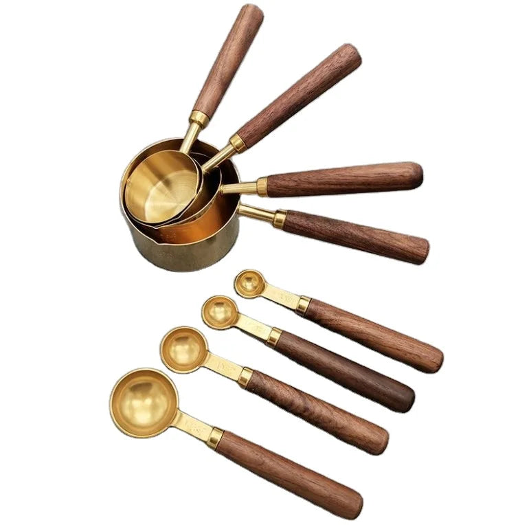 Set of 8 Gold Stainless Steel Measuring Cups and Spoons Set with Wood Handle for Measuring Baking