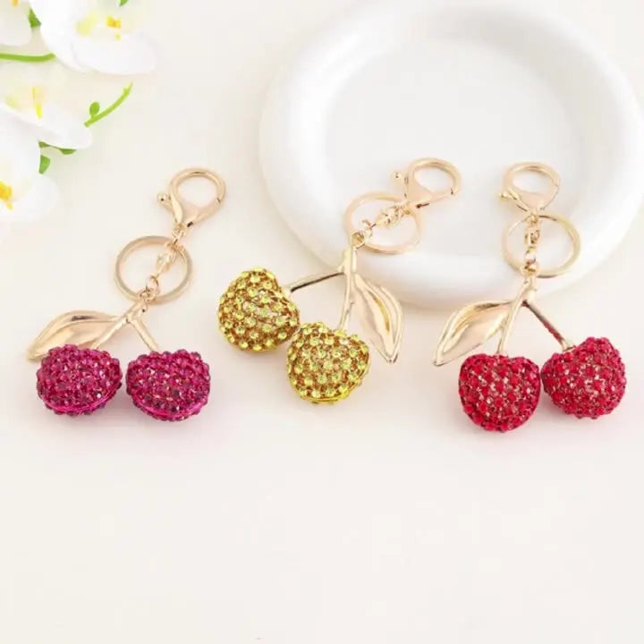Hot Sale Creative Bag Pendant Rhinestone Cherry Fruit Keychain for Women