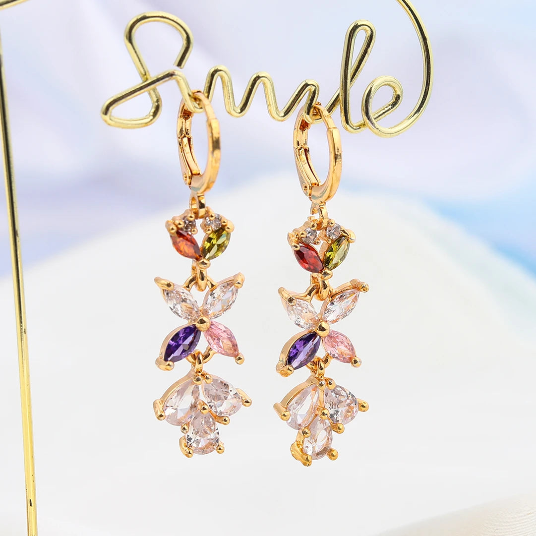 2023 Colorful Shiny Zircon Earrings Flower Shape Women Drop Gold Plated Earring Ladies Gift Jewelry Wholesale