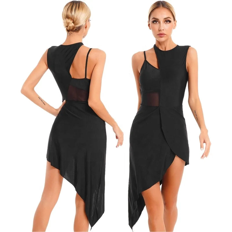 Newest Womens Dance Performance Costume Sheer Mesh Patchwork Sleeveless Asymmetrical Hem Dancewear Dress