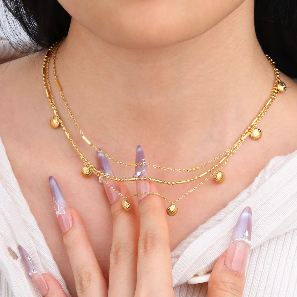 Chris April Waterproof Fashion Jewelry PVD Gold Plated 316L Stainless Steel Minimalist bar and Beads Chain Necklace