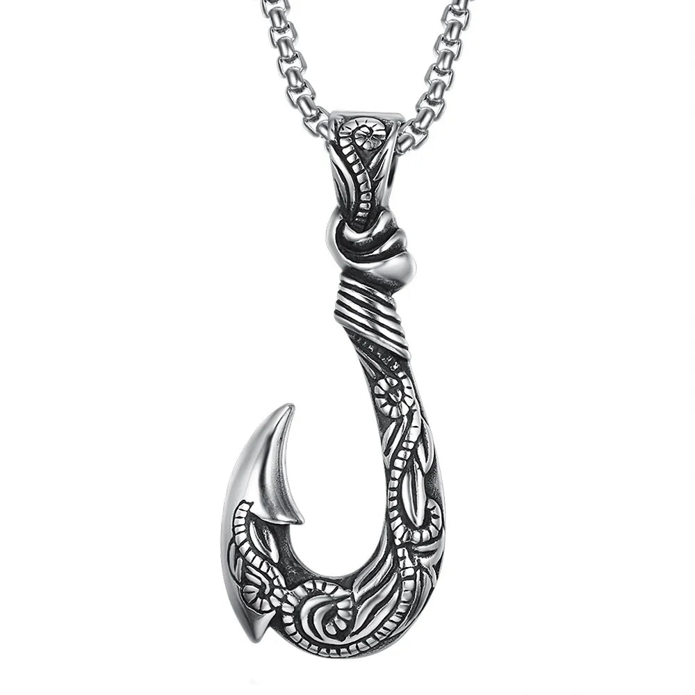Vintage Children's Orthodox Stainless Steel Silver Plated Celtic Fish Hook Pendant Necklace Punk Hip Hop Nordic Jewelry