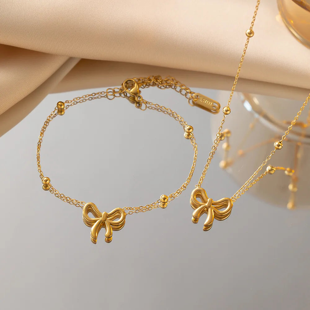 Gold Plated Bow Knot Bracelet Earrings Jewelry Set Adjustable Stainless Steel Beads Bowknot Pendant Necklace for Women Girl Gift