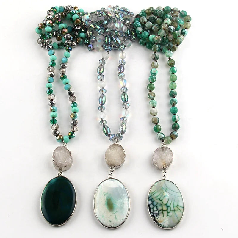 New Women Boho Green Style Crystal Glass Beads Necklace Natural Stone Druzy Gemstone Oval Imperial Pendant Necklace