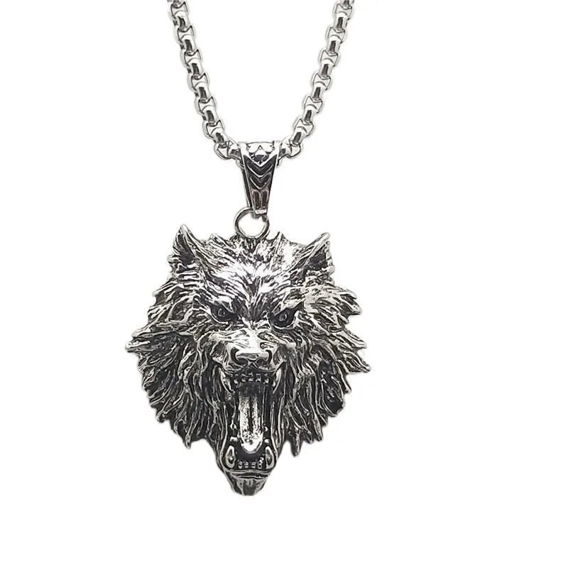SC Fashion Wolf Necklace Silver Plated Box Chain Hip Hop Punk Necklace Polished Angry 3D Wolf Head Animal Pendant Necklace Men