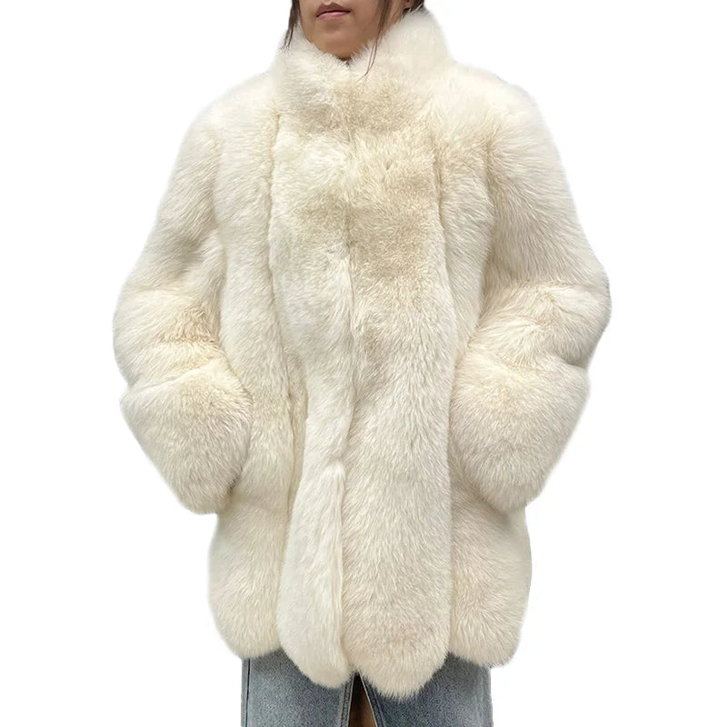 Custom Make Stand Collar Vertical Striped White Fur Jacket Winter Real Fox Fur Coat for Women